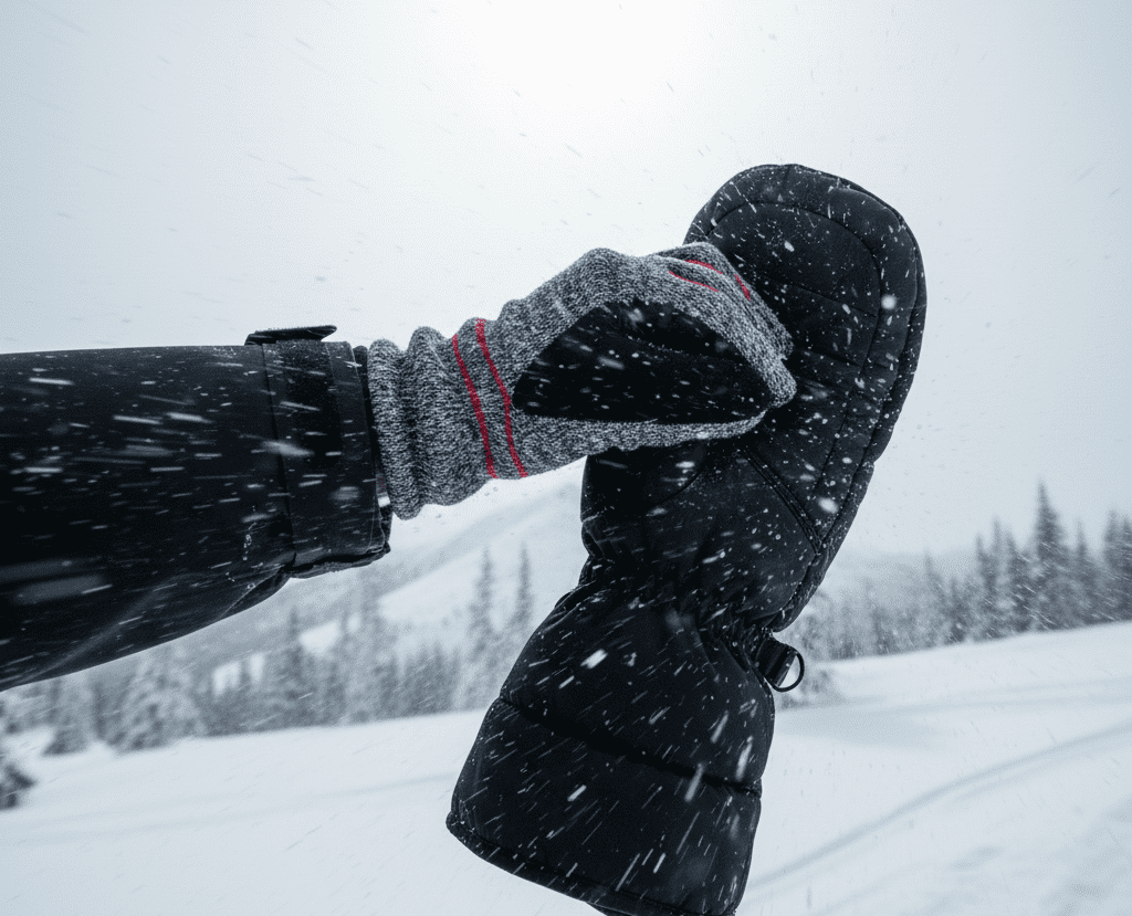 Skier layering glove liners under insulated gloves for warmth