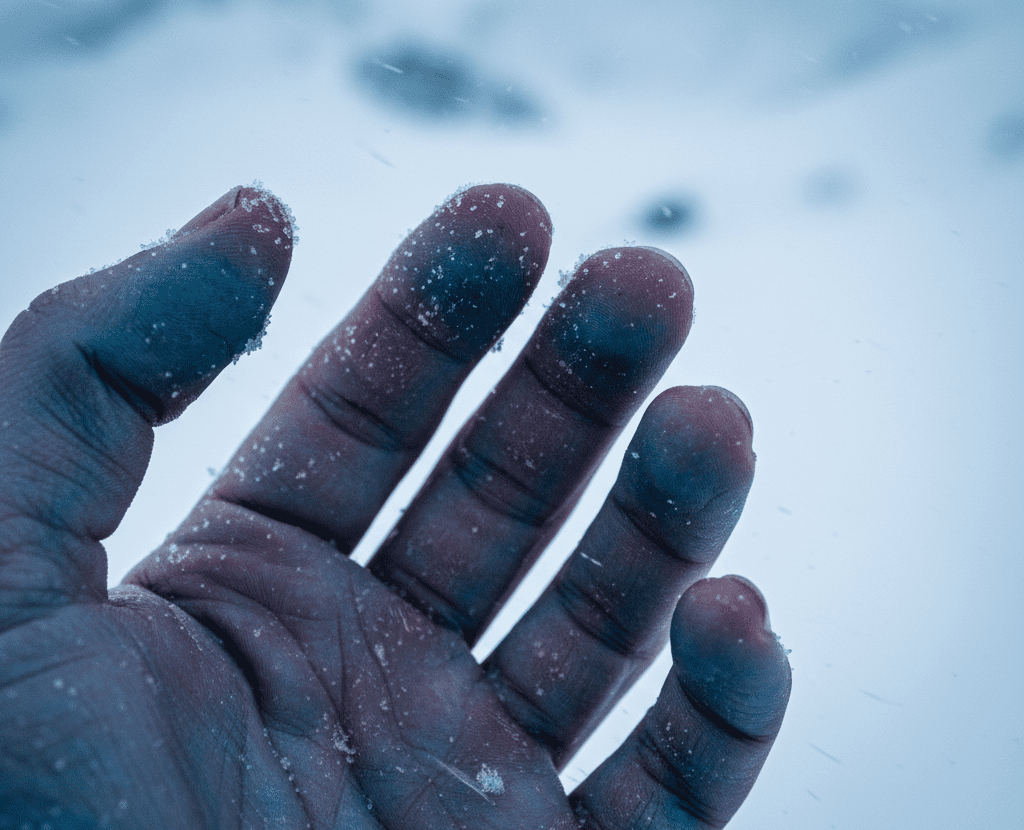 Fingers turning blue due to restricted blood flow in cold