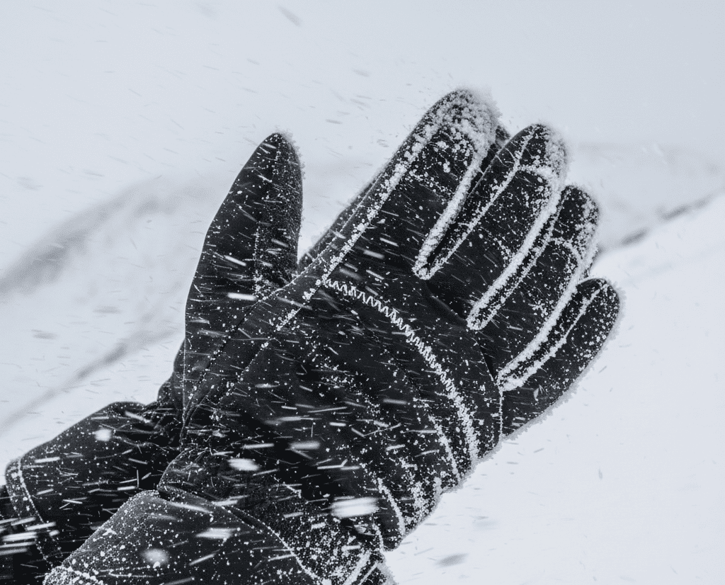 Close-up of hands losing heat from wind chill while skiing