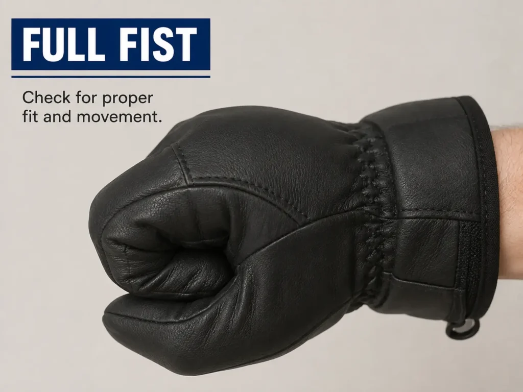 Checking full fist movement inside a ski glove to test fit