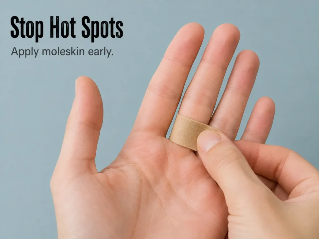 Applying moleskin over a hot spot before it worsens
