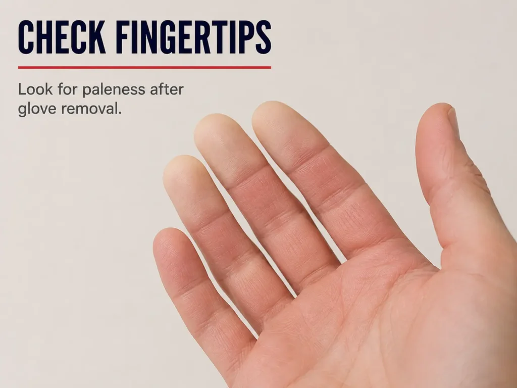 Checking fingertip color for signs of restricted circulation after skiing