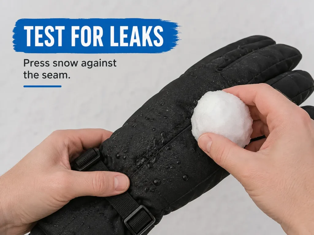Testing a ski glove seam for leaks using a packed snowball
