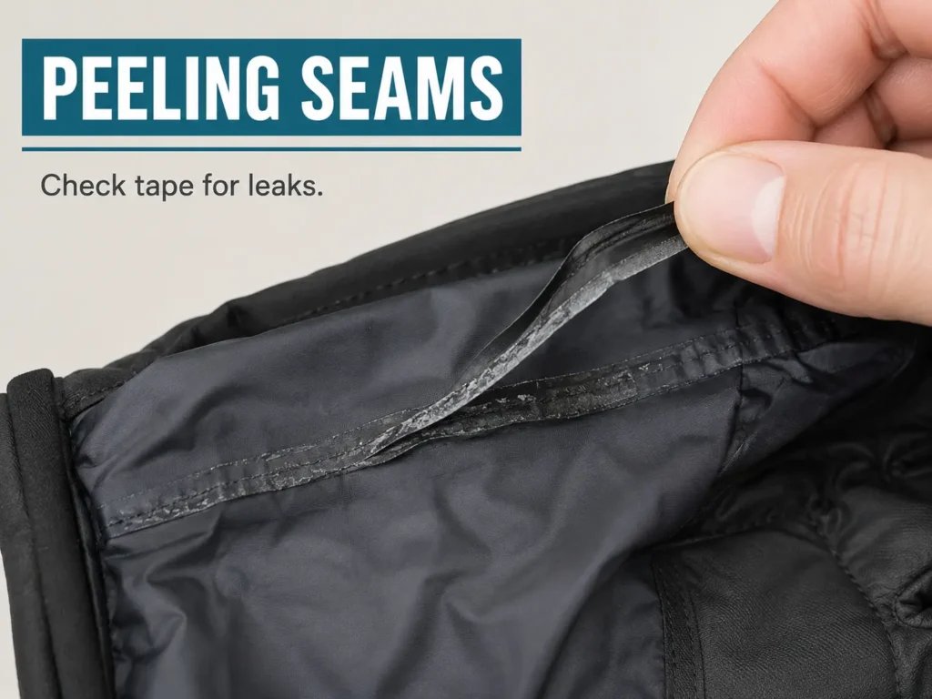Ski gloves leaking at seams shown by peeling interior seam tape