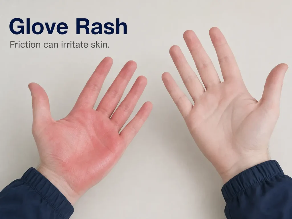 Ski gloves rubbing skin raw shown by reddened skin after glove removal