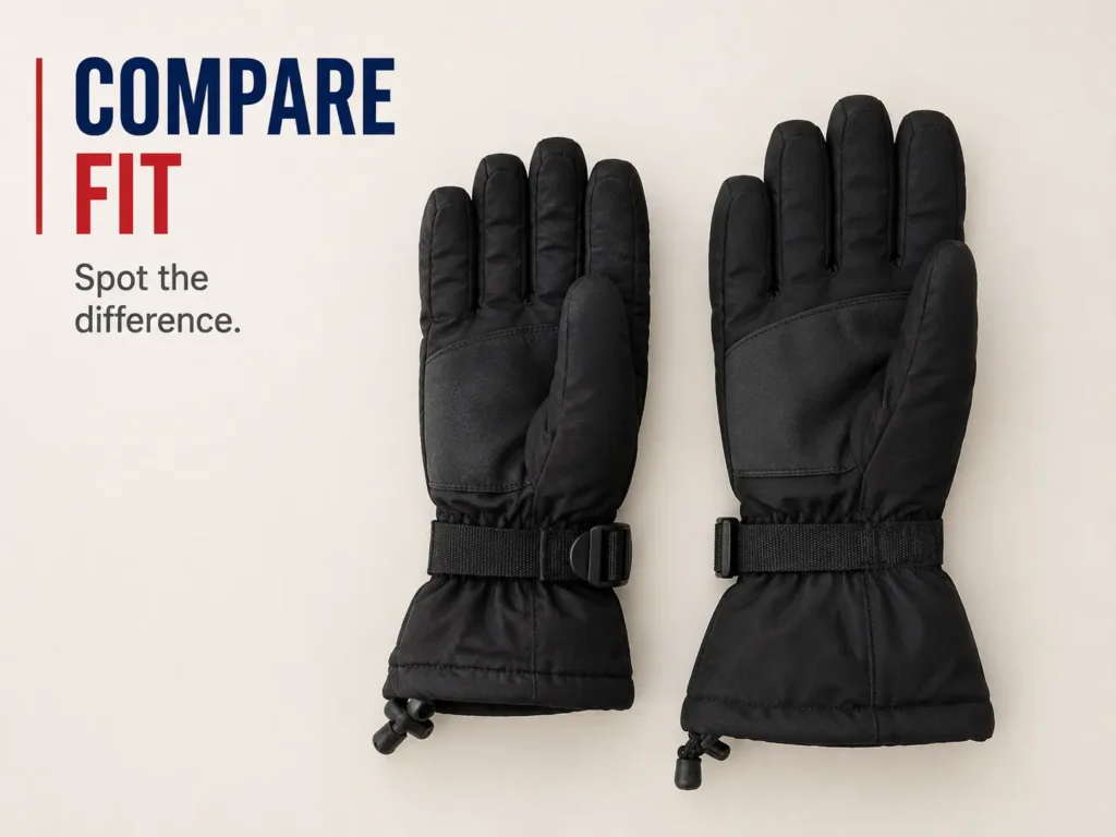 Comparing two ski gloves side by side to diagnose a fit difference