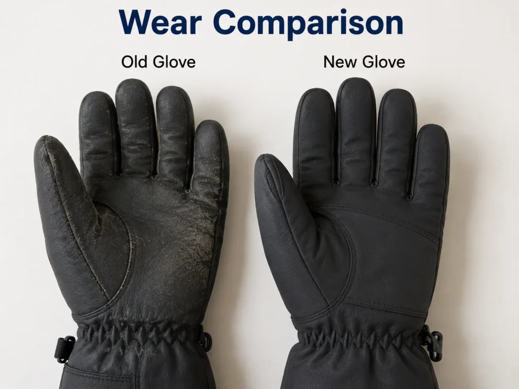 Comparing glove wear at the palm seam between an old and new pair