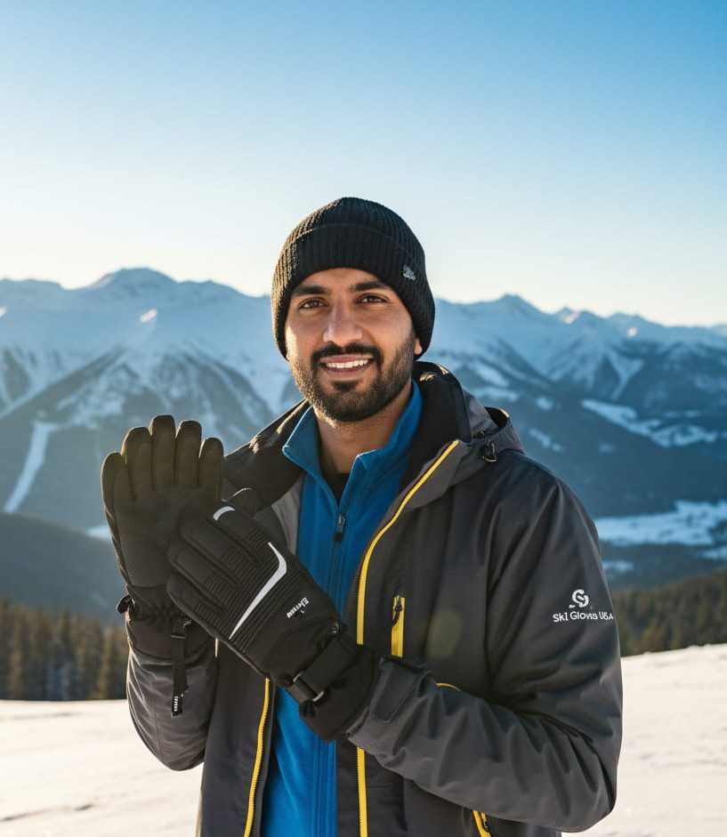 Awais Rafaqat Founder of ski gloves usa holding professional ski gloves