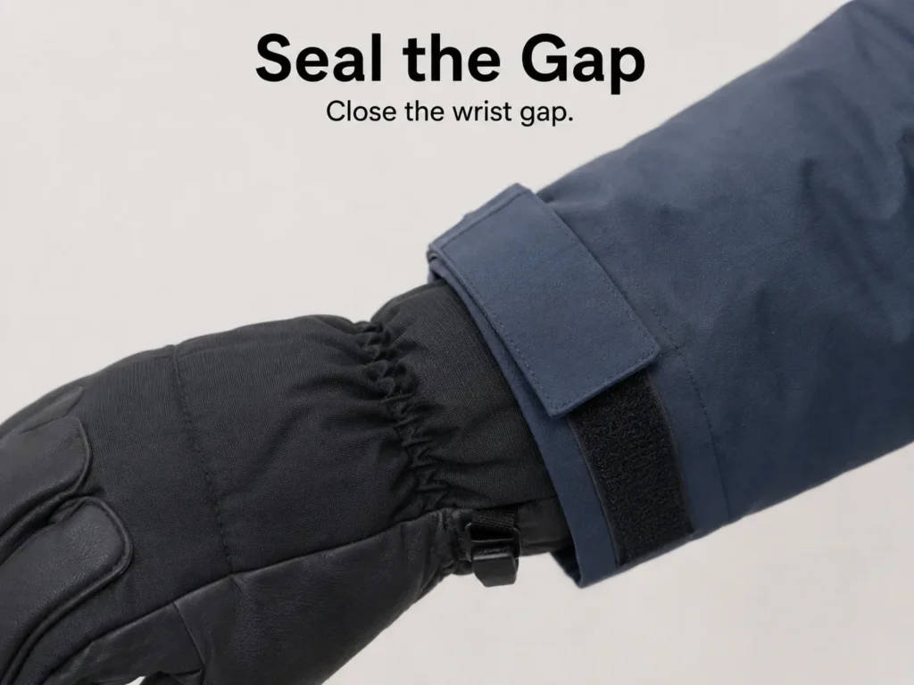 Jacket sleeve sealed over a glove cuff to close the wrist gap