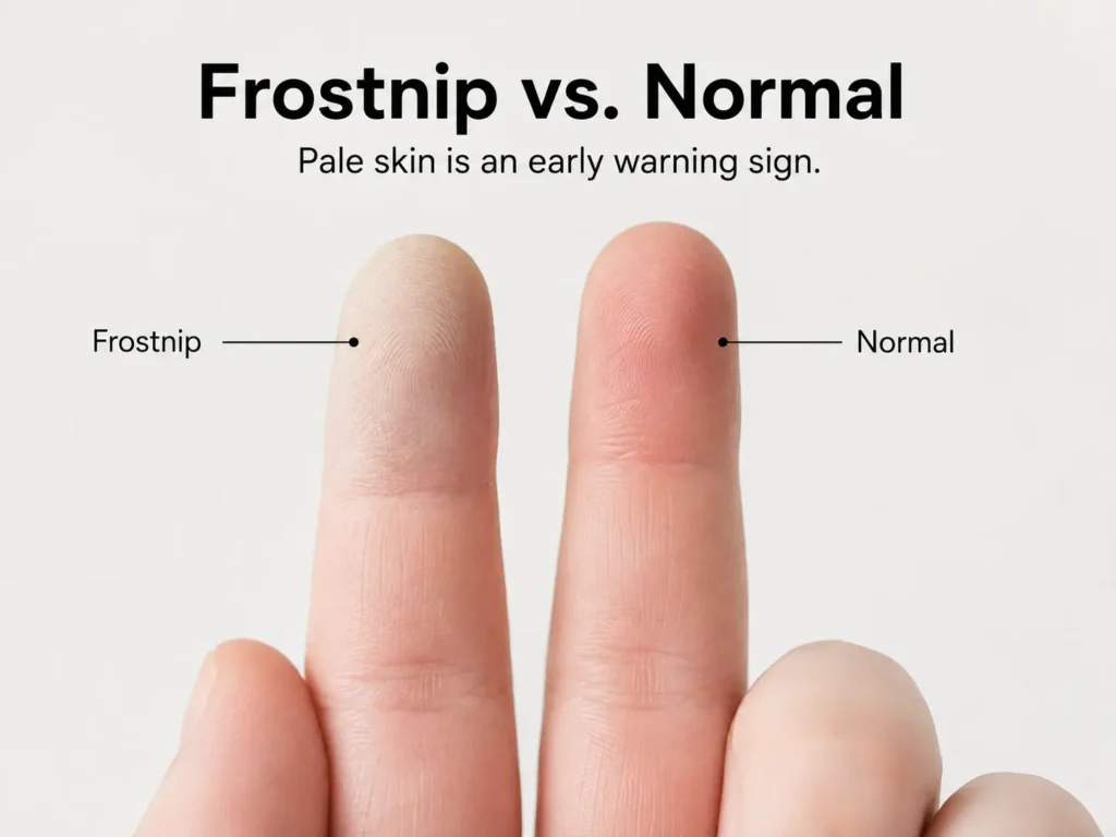 Close-up of pale, frostnip-affected fingertip vs. normal finger