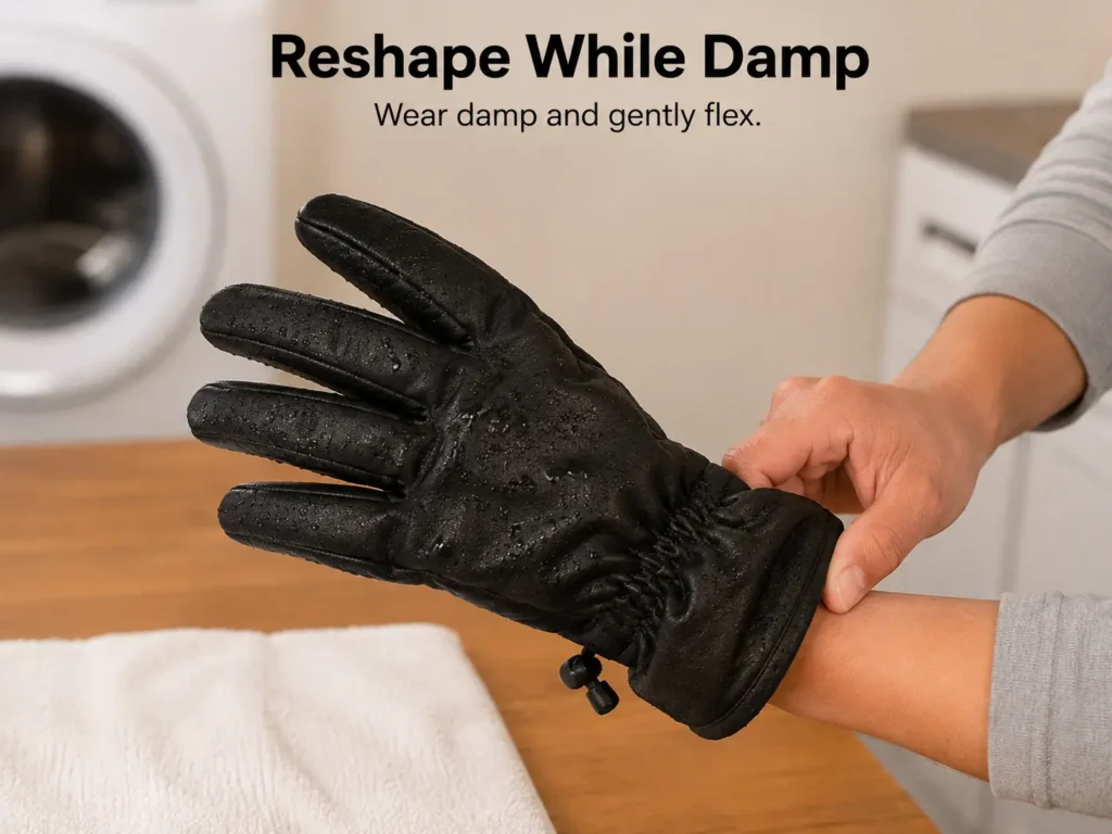 Damp ski glove being gently flexed by hand to reshape it