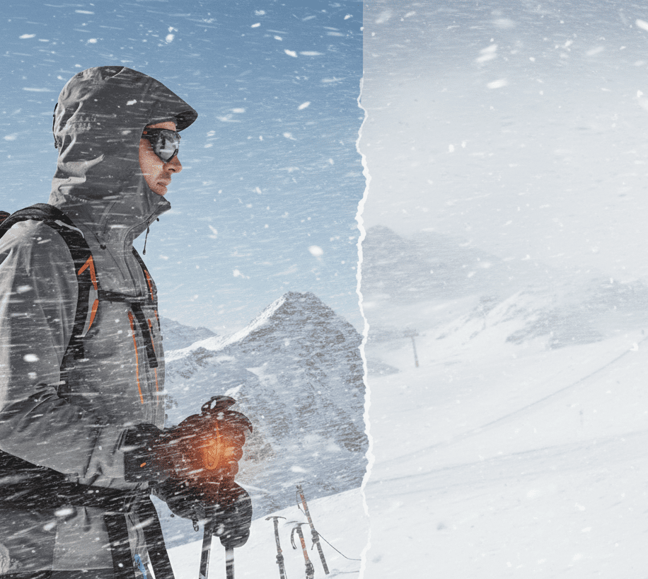 Softshell touring ski gloves protecting hands during stormy resort conditions