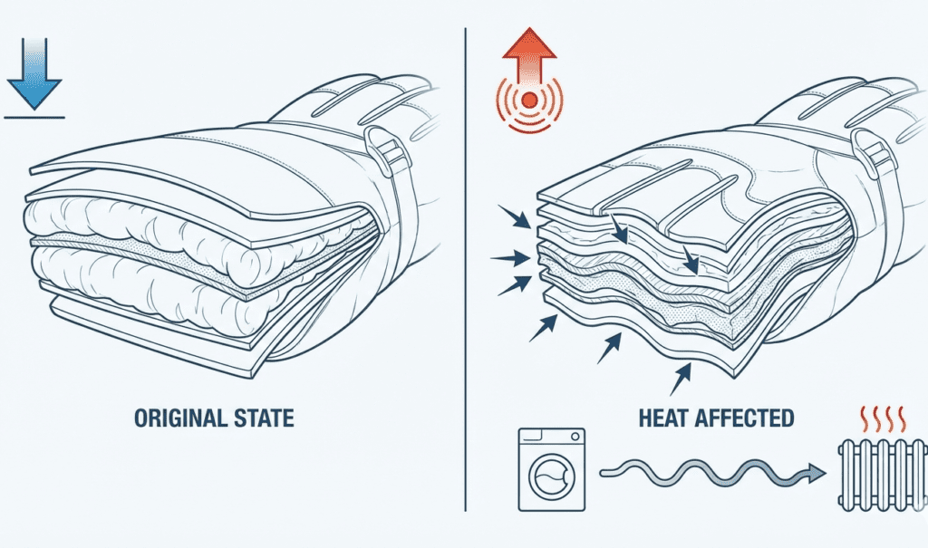 ski gloves shrinking due to heat after washing