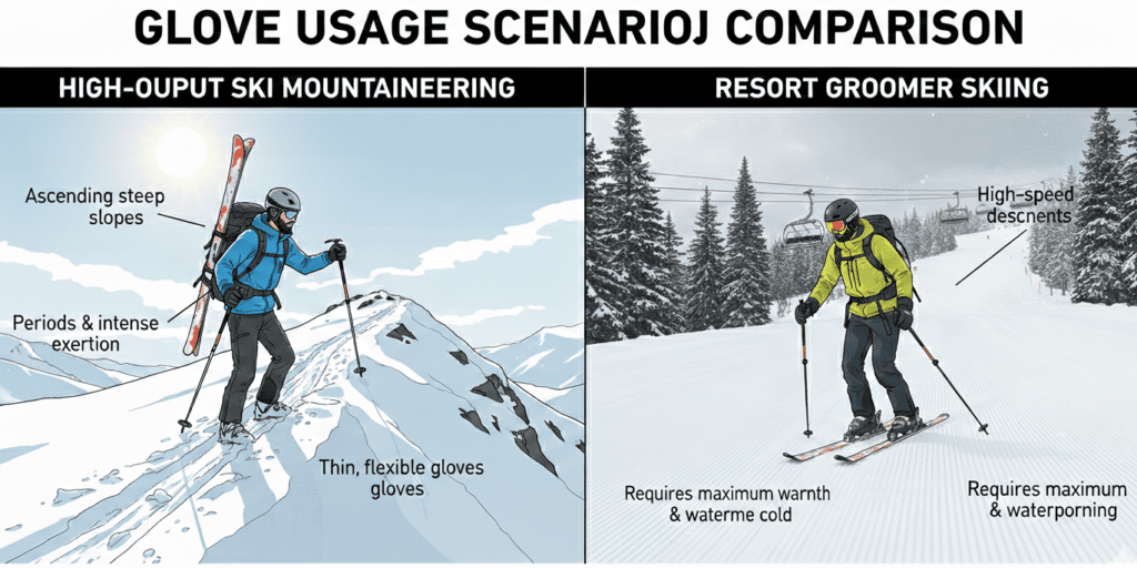  Graphic comparing glove needs for ski mountaineering versus resort groomer skiing.