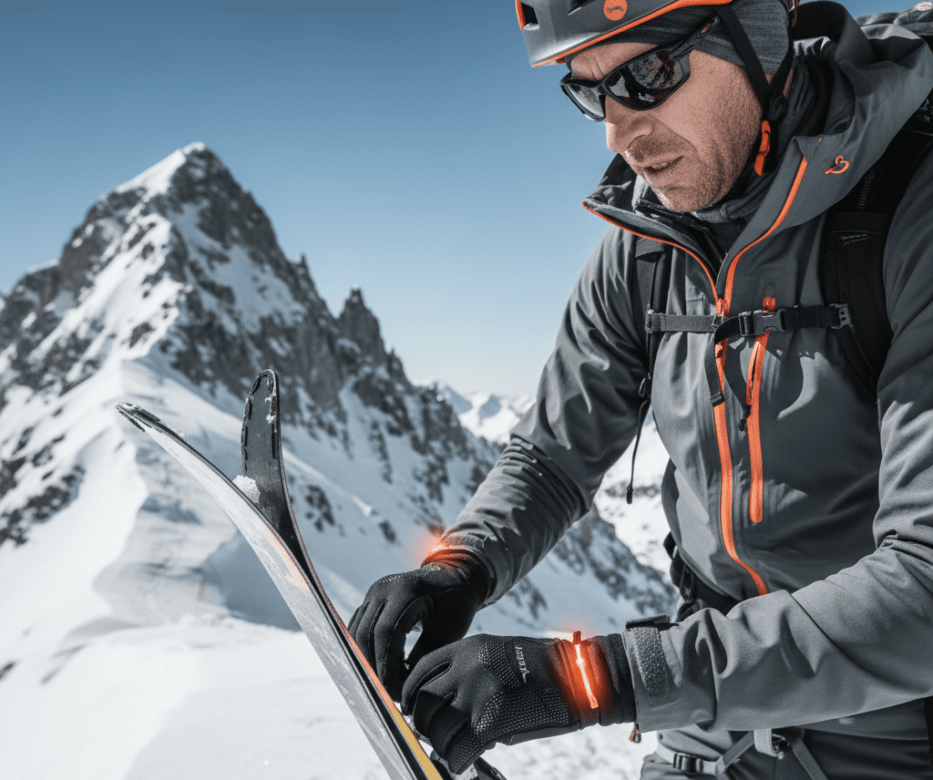 Climber adjusting ski gear with thin gloves to maintain dexterity