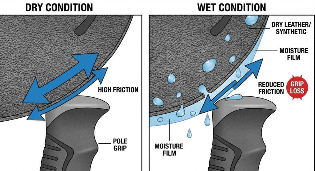 Diagram showing how wet ski glove materials lose friction and grip.