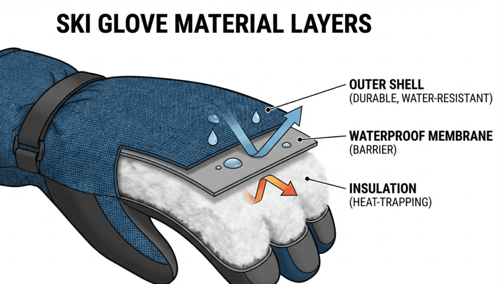 cross-section showing shell, insulation, and waterproof membrane layers in a ski glove