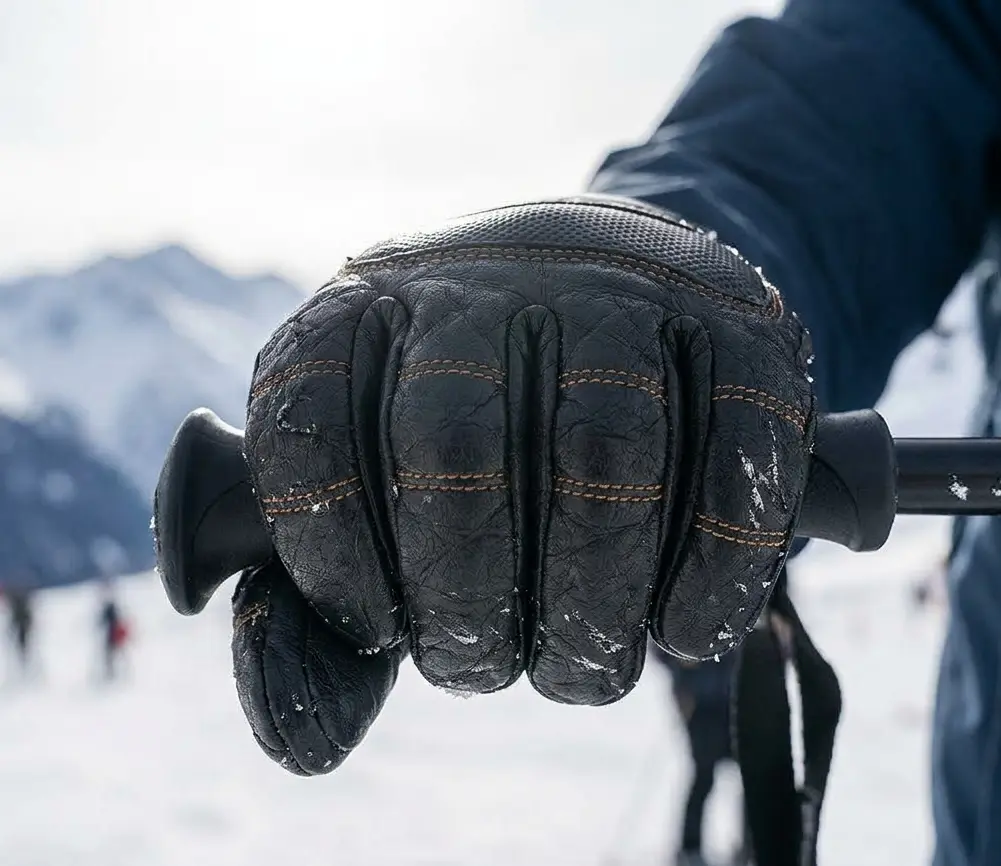First-person view testing ski glove fit and circulation by gripping a ski pole handle