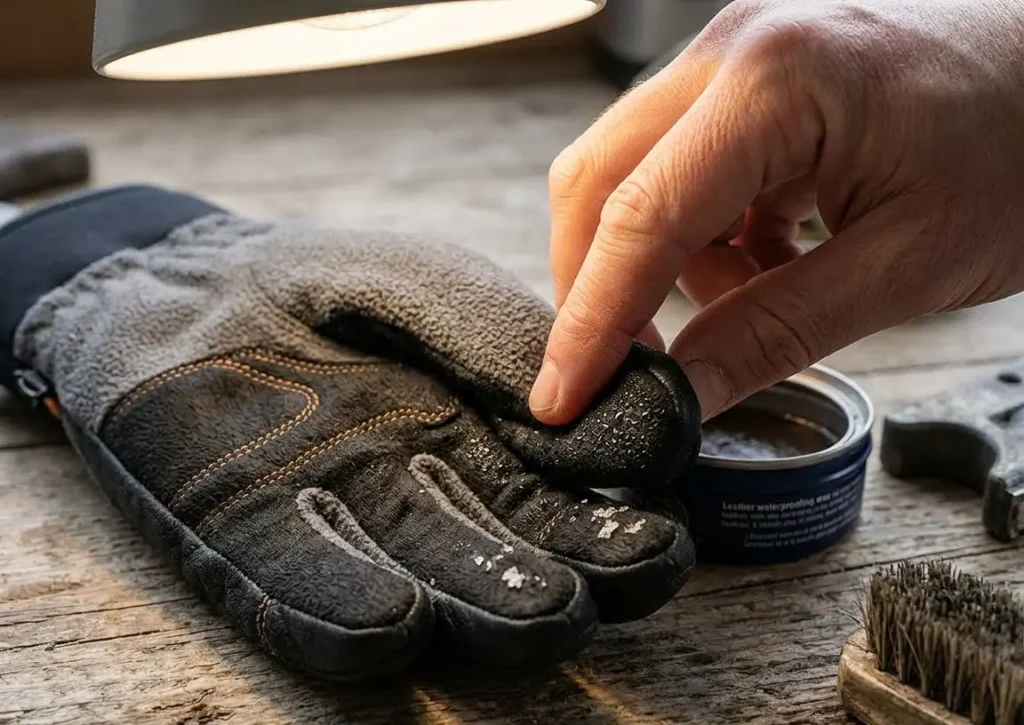 Checking a ski glove liner for retained moisture at the fingertip zone before a ski session