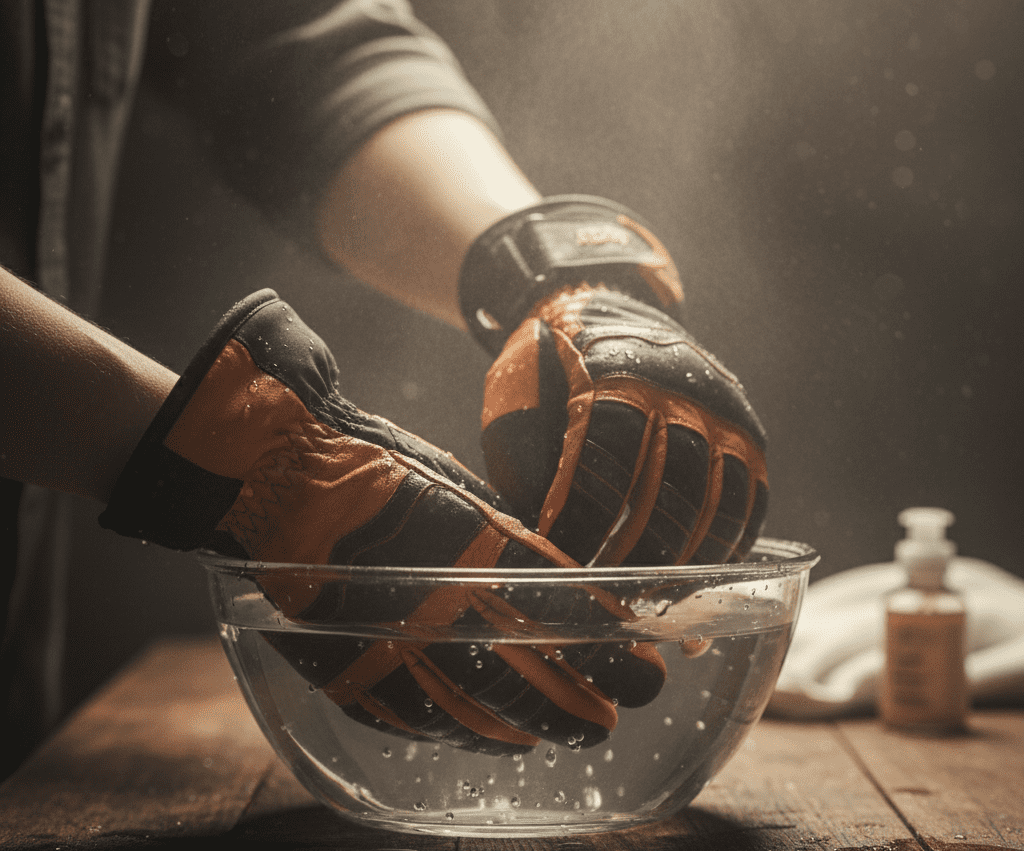 rehydrating shrunken ski gloves with lukewarm water