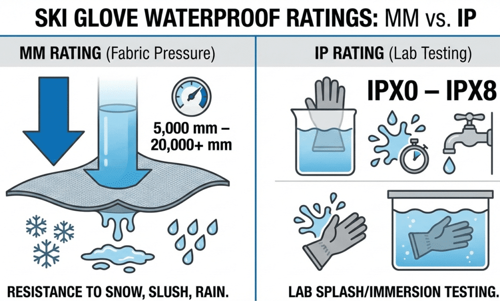 mm waterproof rating vs IP rating comparison for ski gloves