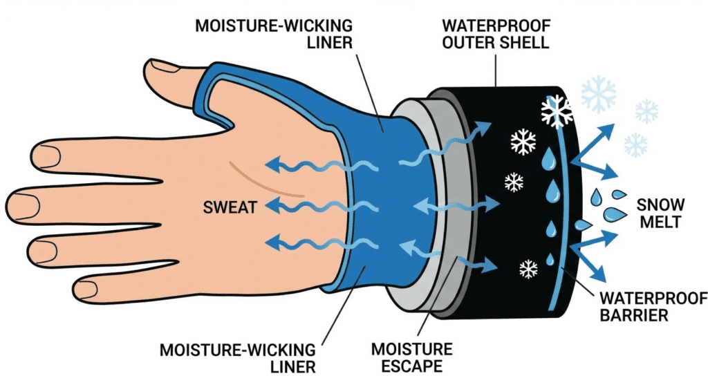 ski glove liner absorbing moisture from sweat and snow