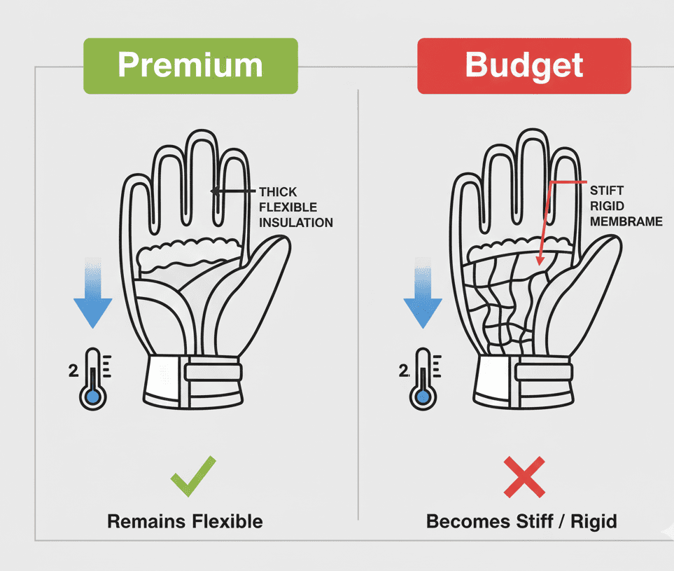 Why ski gloves feel stiff in extreme cold: budget vs premium gloves comparison