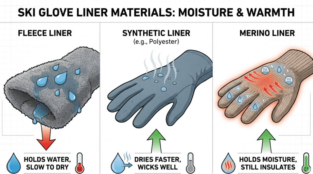 comparison of ski glove liner materials and moisture retention