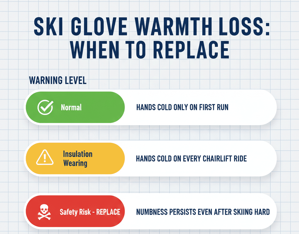 Infographic chart showing warmth loss levels and when cold weather affects ski glove insulation enough to become a safety risk.