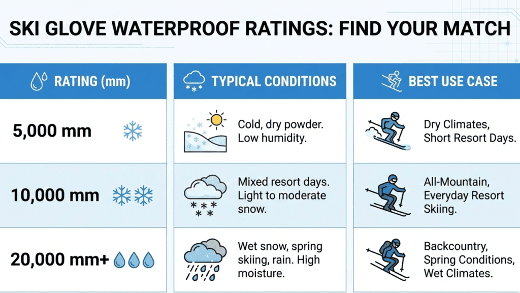 Comparison chart of ski glove waterproof ratings by snow conditions