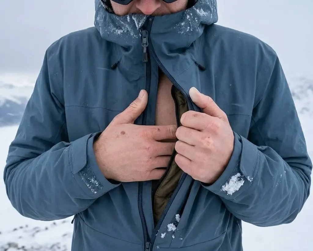 A skier using body heat to safely rewarm cold hands and treat early frostnip on the mountain
