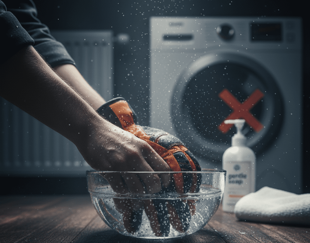 hand washing ski gloves in cold water