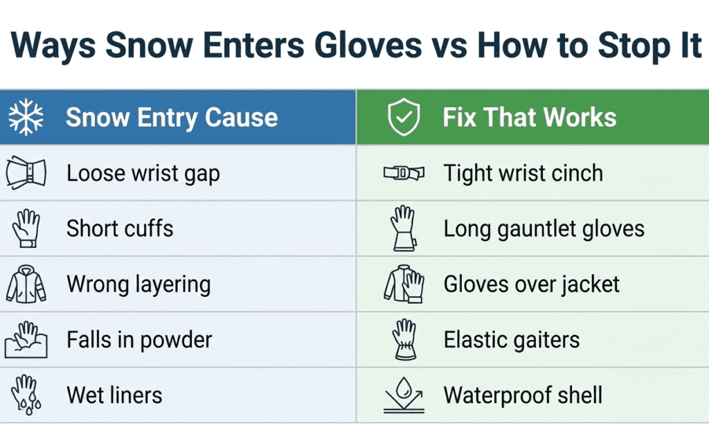 chart showing how to stop snow entering ski gloves using proper sealing methods