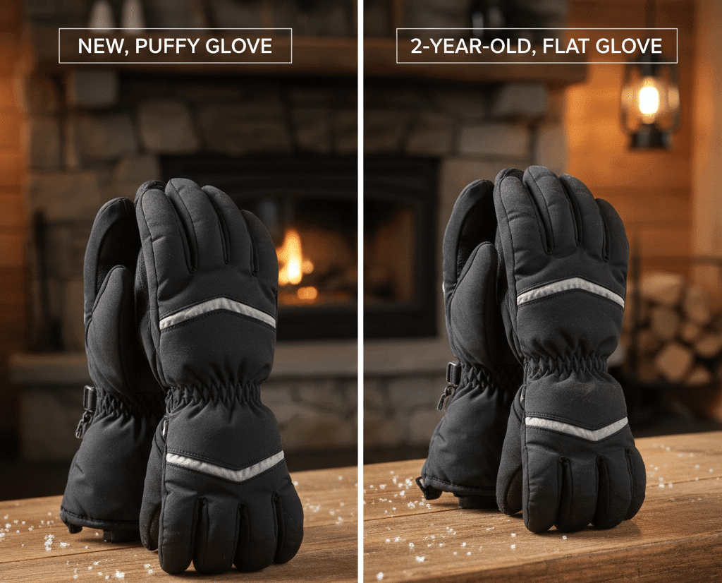 Side-by-side comparison of a new puffy ski glove vs a worn flat glove to show how cold weather affects ski glove insulation thickness.