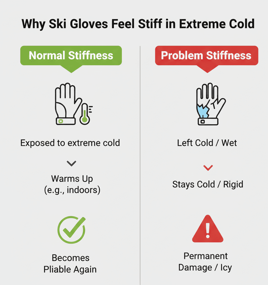 Diagram explaining why ski gloves feel stiff in extreme cold: normal vs problem stiffness