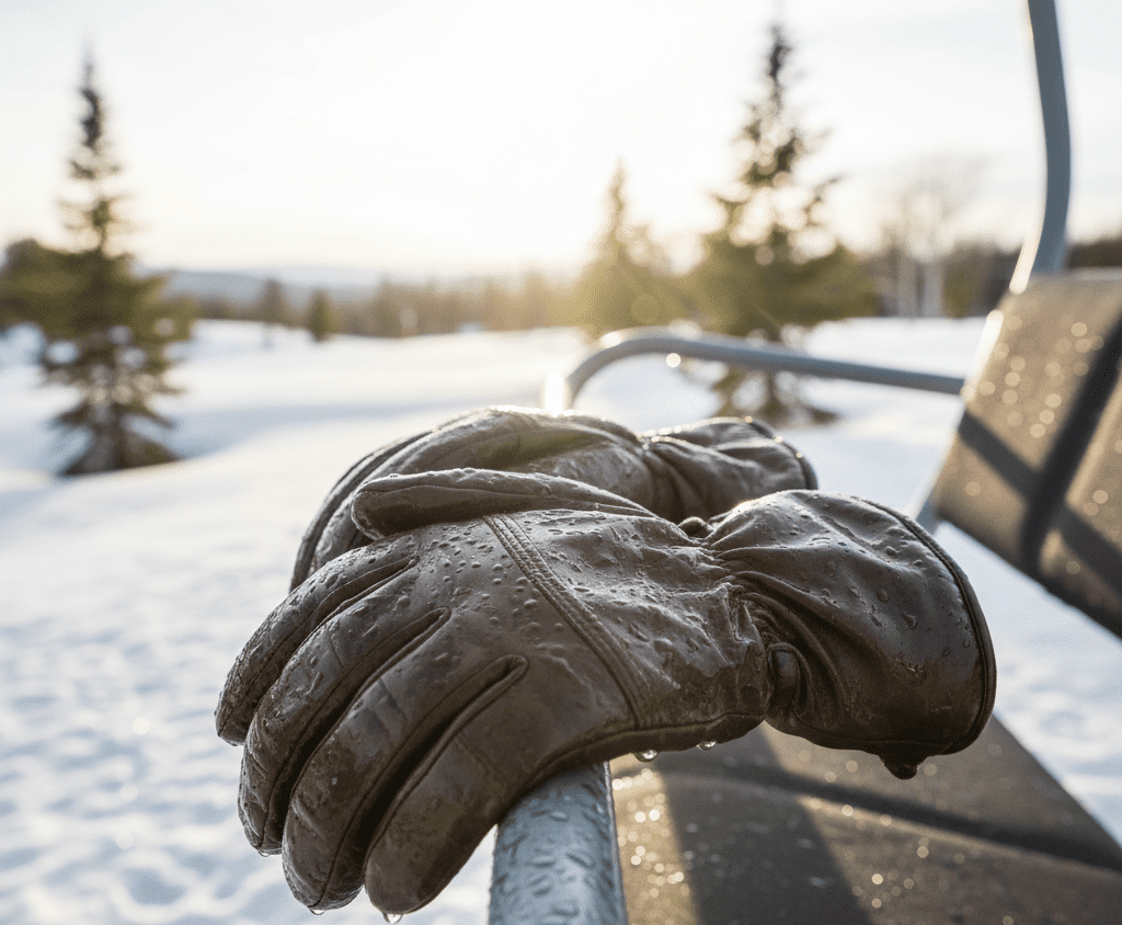 wet leather ski gloves during spring conditions showing moisture absorption issues