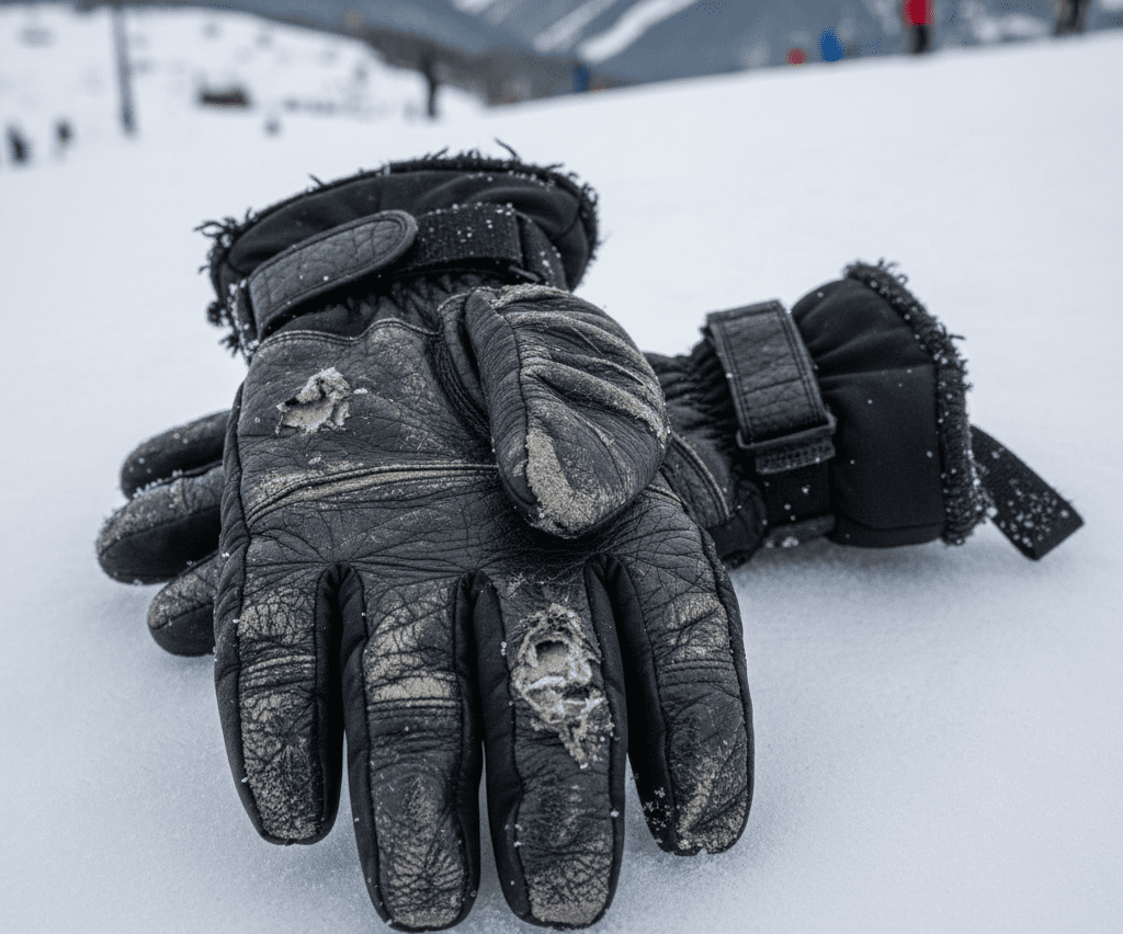 Why ski gloves feel stiff in extreme cold: worn and damaged gloves to replace