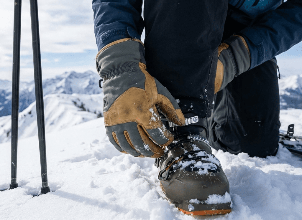 skier gripping ski poles showing glove dexterity on the mountain