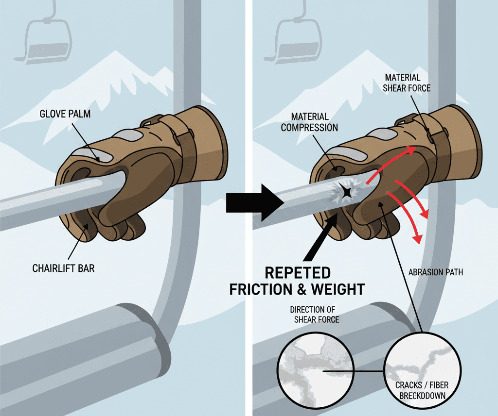 Diagram showing how chairlift bar friction damages ski glove palms