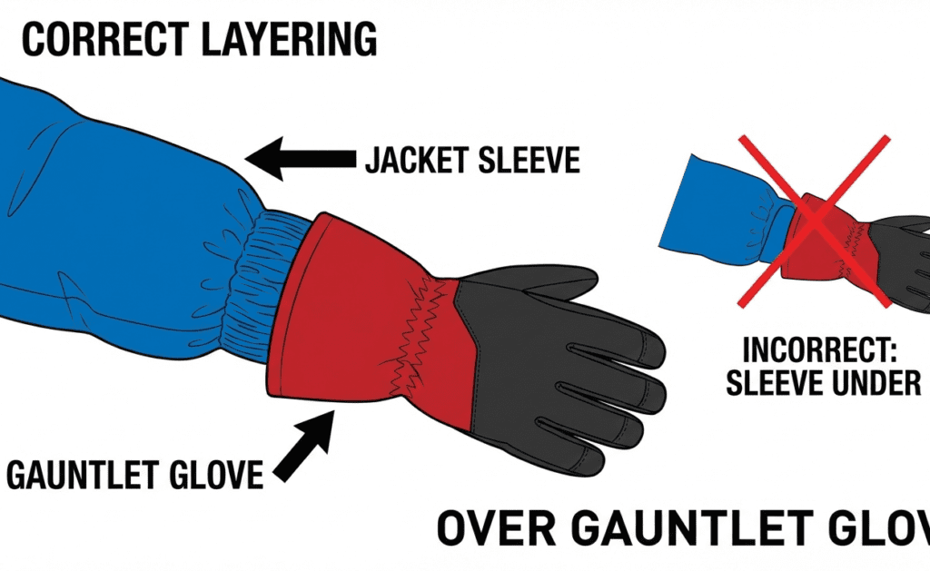 Diagram showing proper ski glove layering: jacket sleeve over gauntlet glove.