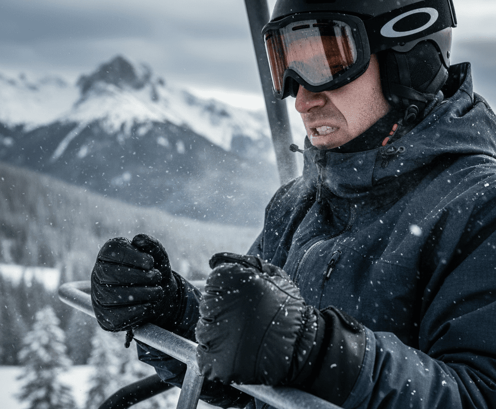skier experiencing cold hands on chairlift due to wet glove liners
