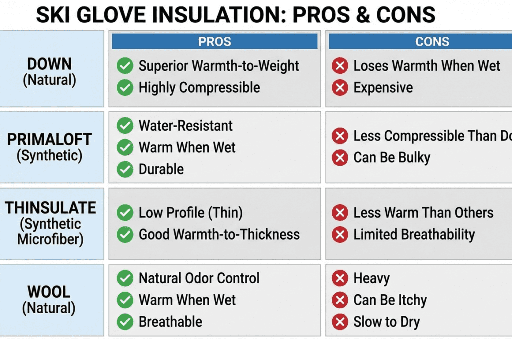 comparison chart showing down, Primaloft, Thinsulate, and wool insulation used in ski gloves