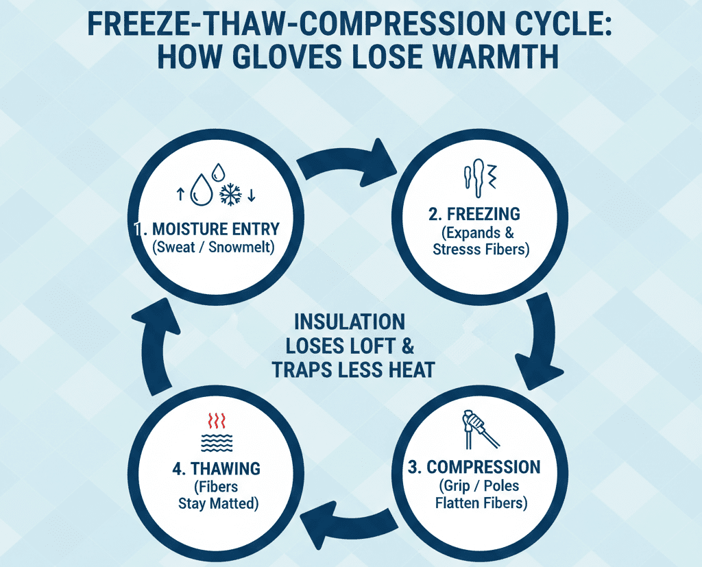 Diagram of the freeze-thaw-compression cycle explaining how cold weather affects ski glove insulation loft.