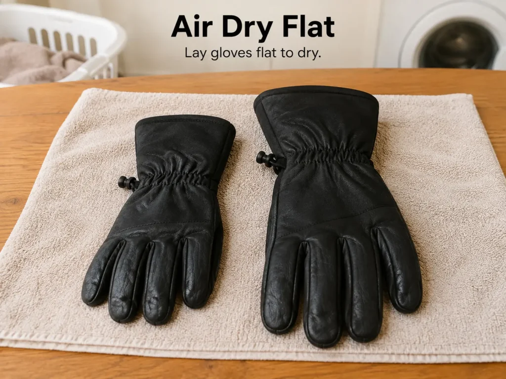 Ski gloves laid flat on a towel to air dry