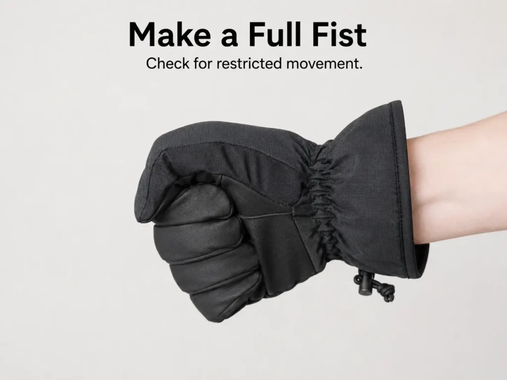 Testing full fist movement inside a ski glove to check for restricted fit