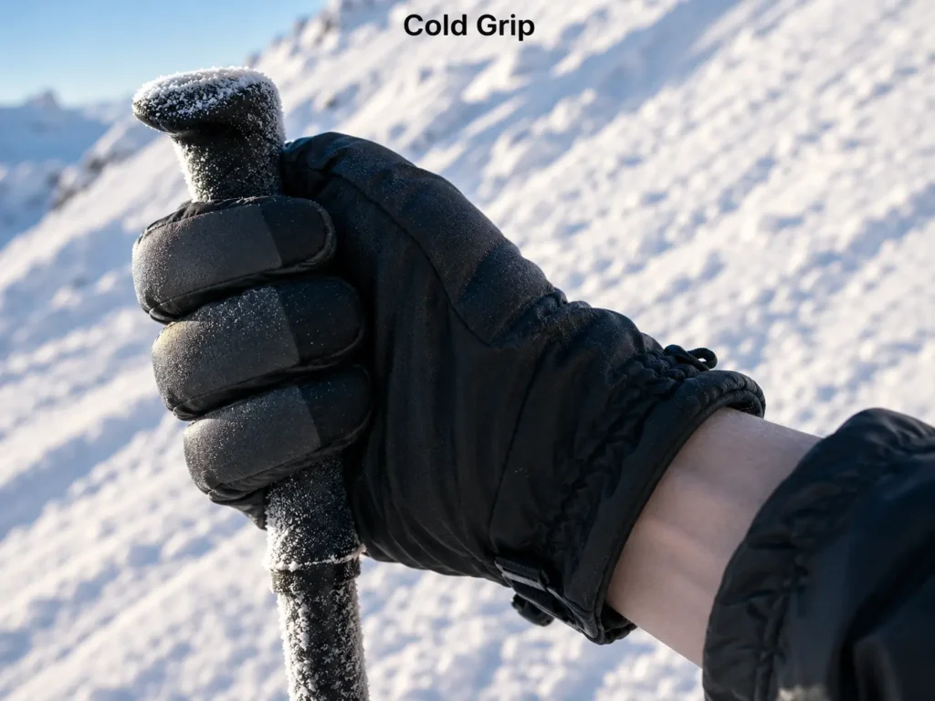 Ski gloves stiff in extreme cold — hand flexing a rigid glove against a frosted ski pole