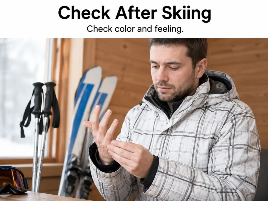 Checking fingertip color and sensation after a cold ski session