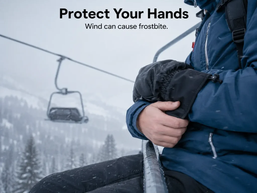 Skier protecting hands from wind chill on a chairlift to prevent frostbite
