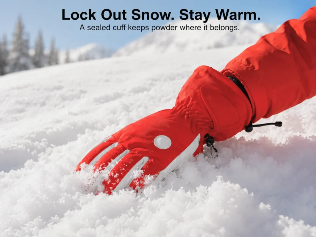 Stopping snow from entering ski gloves — gloved hand plunging into deep powder with a sealed cuff