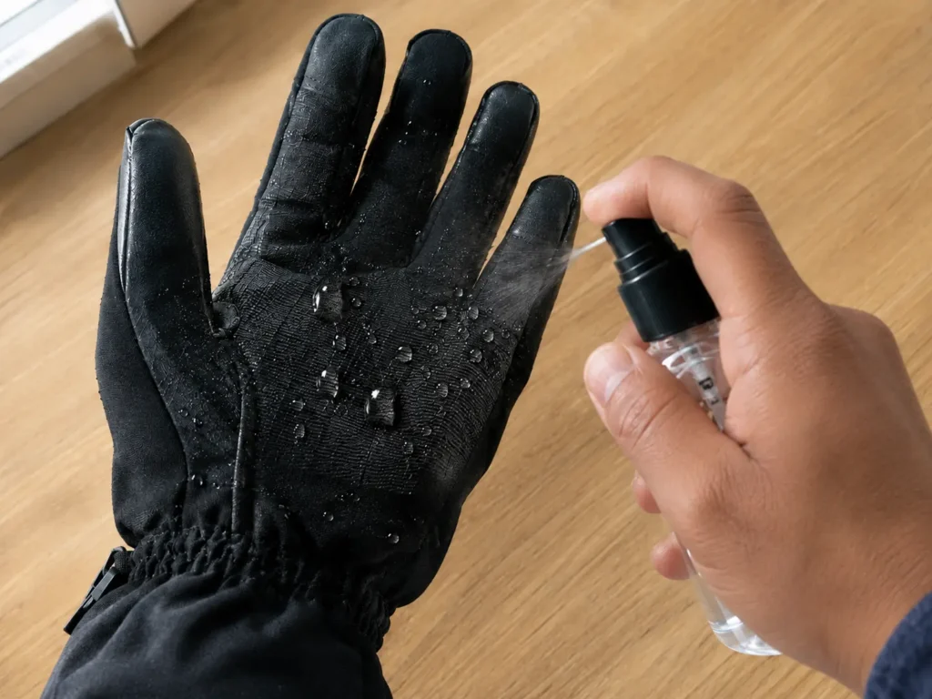 how to test if ski gloves are waterproof — water beading on a glove palm during a spray test